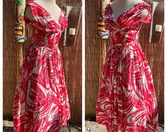 1950s 50s True vintage Red & White Hawaiian sequin with beads Goddess full skirt dress tiki oasis VLV