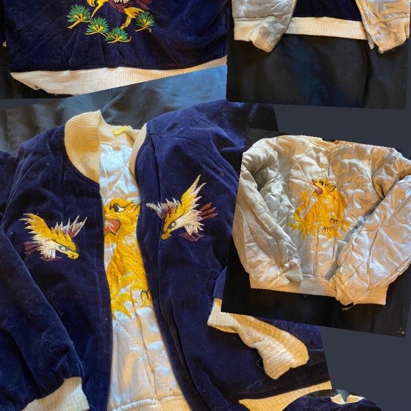 40s 50s Original vintage Eagle/Tiger  Japan Souvenir sukajan Blue velvet Bomber reversible satin kids jacket WW2