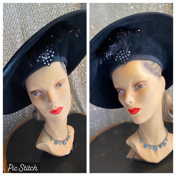 40s 50s felt round hat with feathers Ava Gardner Pearl Harbor WW2 vibes