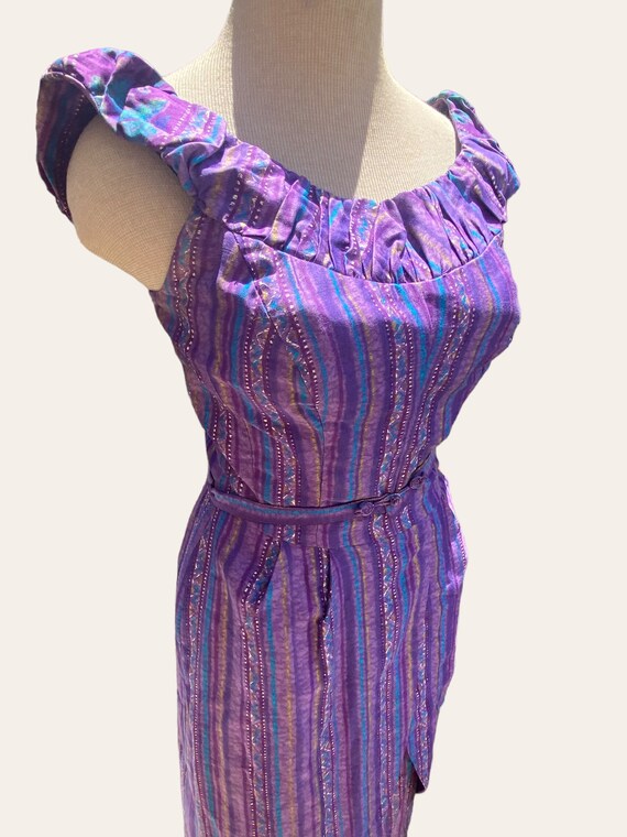 50s Hawaiian Purple Ruffle Off-the-shoulder by Na… - image 4