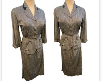 1950’s 50s Secretary Vintage Grey Flecked velvet two-piece skirt dress