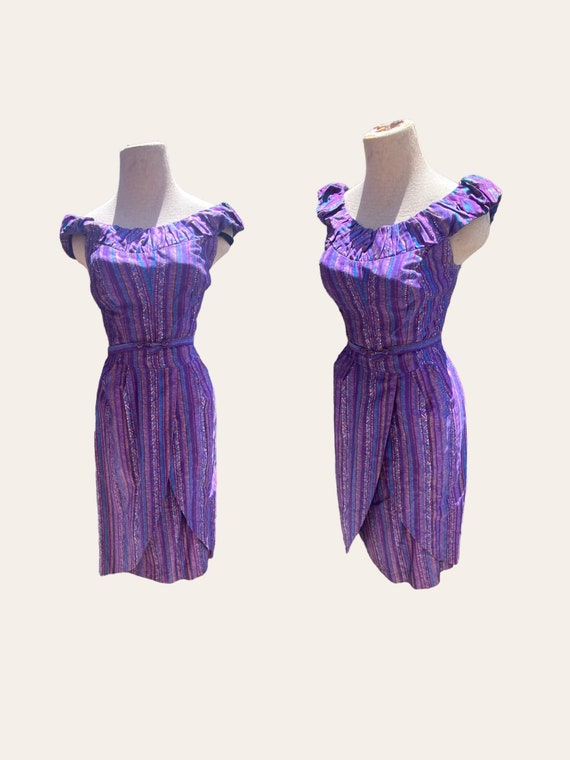 50s Hawaiian Purple Ruffle Off-the-shoulder by Na… - image 2