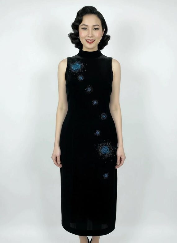 vintage Black high neck sleeveless handmade exotic velvet sequins and blue beads wiggle dress small