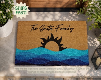 Felpudo costero personalizado, felpudo de bienvenida con nombre familiar personalizado, alfombra de entrada para casa de playa, regalo de inauguración de casa.