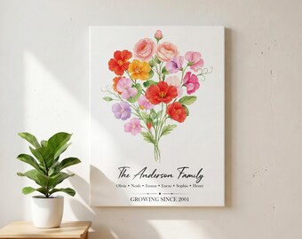 Family Birth Flower Wall Art: Watercolor Bouquet (Canvas Print)