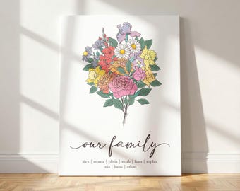 Custom Birth Flower Family Bouquet Canvas Wall Art, Gift for Mom, Watercolor Birth Month Flower Print Mother's Day Gift
