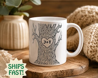 Taza personalizada con diseño de árbol, taza con iniciales personalizadas, taza de café para parejas, regalo de aniversario para parejas, taza de regalo de boda.