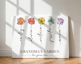 Grandma’s Garden Birth Flower Canvas, Personalized Gift for Grandma from Grandchildren, Custom Floral Wall Art, Mother’s Day Gift Nana