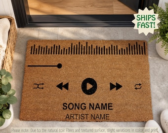 Felpudo de bienvenida personalizado con nombre de canción y artista, felpudo con diseño de reproductor de música, regalo personalizado para amantes de la música.
