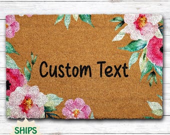 Felpudo floral personalizado, felpudo de bienvenida con texto personalizado, regalo de inauguración de casa, decoración para la puerta principal, alfombra de entrada personalizada.