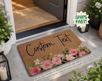 Felpudo botánico rosa con texto personalizado, felpudo floral de estilo rústico, regalo de boda bohemio personalizado
