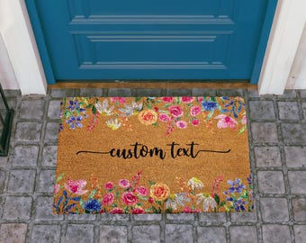 Felpudo floral personalizado, felpudo de bienvenida con nombre familiar personalizado, alfombra de entrada floral estilo boho, regalo de inauguración para un nuevo hogar.
