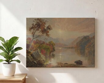 Bergsee Leinwand Wandkunst, Herbst Landschaft Malerei, rustikale Natur, Hudson River Stil Dekor, neutrale Bauernhaus Leinwand, ungerahmt Leinwand