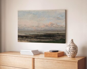 Küstenlandschaft Leinwand Wandkunst, impressionistische Seelandschaft, neutraler Strand Minimalist Ozean Wanddekor, Vintage Stil Küstenkunst