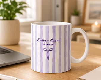 Taza personalizada para mamá, taza de café personalizada para mamá, taza con lazo coqueto, regalo del Día de la Madre, taza para mamá con nombres de niños, color morado.