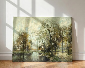 Rustikale Naturmalerei Leinwand Wandkunst, Herbst Bäume See Kunstwerk, Bauernhaus Wanddekor, Neutral ästhetischer Kunstdruck, ungerahmt Leinwand