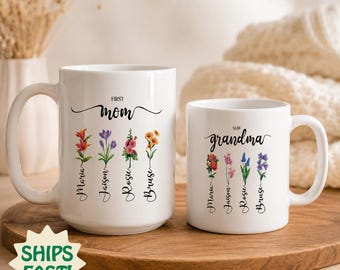 Taza con la flor de nacimiento para mamá o abuela, taza personalizada con flores para la familia, taza de café con nombre personalizado, regalo para el Día de la Madre.