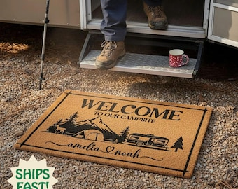 Personalized Camping Doormat, Custom Campsite Welcome Mat, RV Camper Decor Gift, Outdoor Family Name Door Mat