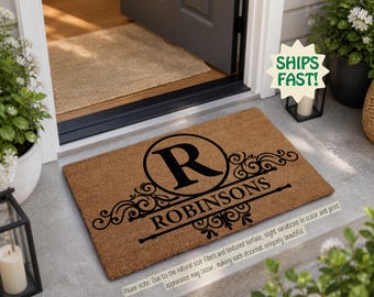 Felpudo personalizado con monograma, felpudo de bienvenida familiar con iniciales personalizadas, regalo de decoración para el porche con el nombre de la familia.