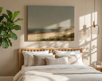 Neutrale Küsten Leinwand Wandkunst, Nebliger Strand Landschaftsmalerei, Minimalistische Meereslandschaft Kunstwerk, ruhiges Meer Dekor, Beige Küstenlandschaft