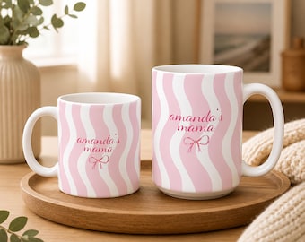 Taza personalizada para mamá, taza de café personalizada para mamá, regalo del Día de la Madre para mamá, taza con lazo rosa coqueto, taza con nombre personalizado
