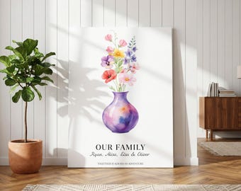 Custom Birth Flower Family Bouquet Canvas Wall Art, Watercolor Birth Month Flower Print Mother's Day Gift, Gift for Mom