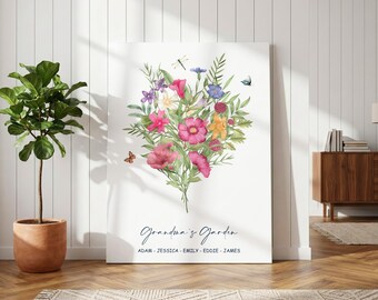 Grandma’s Garden Birth Flower Canvas, Personalized Gift for Grandma, Custom Birth Month Flower Wall Art, Mother's Day Gift Nana