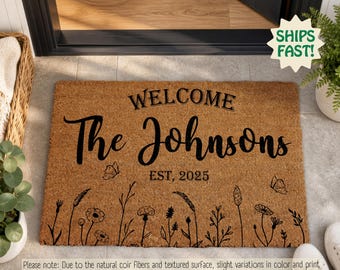 Personalized Family Name Doormat, Custom Welcome Mat, Rustic Wildflower Door Mat, Housewarming Gift, Farmhouse Porch Decor
