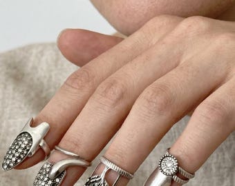 Sterling Silver Snake Nail Ring Set, Gothic Y2K Statement Fingertip Jewelry