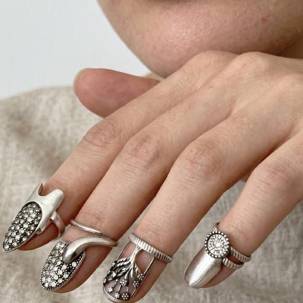 Sterling Silver Snake Nail Ring Set, Gothic Y2K Statement Fingertip Jewelry