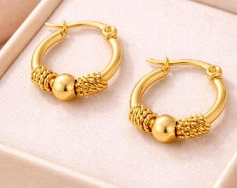 Gold Knot Hoop Earrings, Vintage Style Rope Detail, Stainless Steel Statement Jewelry