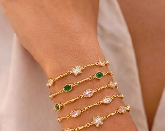 Gold Plated Charm Bracelet Set, Stainless Steel Dainty Chain, Color Gemstone Jewelry