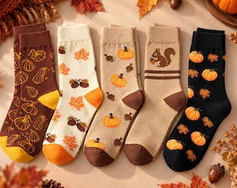 Autumn Pumpkin Socks, Maple Leaf Acorn Squirrel Crew Socks, Cosy Fall Gift, Five Designs