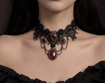 Gothic Lace Choker, Red Gem Victorian Necklace, Dark Costume Jewelry