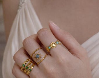 Gold Boho Celestial Ring Set, Sun Star Turquoise Green Stone Stackable Adjustable