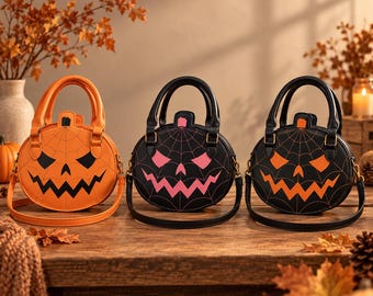 Pumpkin Crossbody Bag, Halloween Jack O Lantern Handbag, Round Top Handle Purse, Three Colours