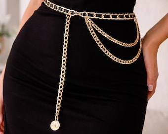 Layered Gold Chain Waist Belt, PU Leather Detail, Adjustable Body Jewelry