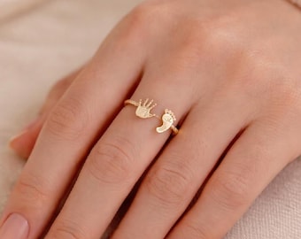 Baby Hand Footprint Ring Gold, Adjustable Motherhood Keepsake Jewelry