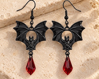 Gothic Bat Earrings, Red Teardrop Crystal Dangle Earrings, Halloween Jewellery, Black or Antique Silver
