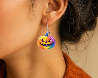 Rainbow Pumpkin Earrings, Colorful Acrylic Jack O Lantern Halloween Jewelry