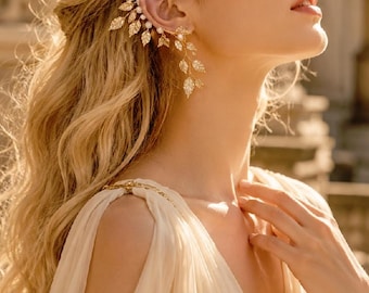 Gold Leaf Ear Cuff, Pearl Fairy Ear Wrap, Boho Bridal Ethereal Jewelry