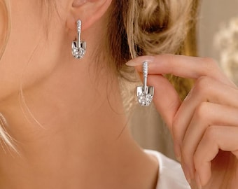 Sterling Silver Shovel Earrings, Crystal Hoop, Floral Statement Jewelry