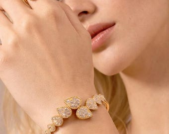 Teardrop Crystal Bracelet and Ring Set, Gold Silver Plated Jewelry, Adjustable Bangle, Bridal Gift