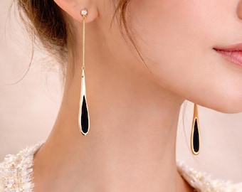 Black Teardrop Gold Chain Earrings, Minimalist Dangle Statement Jewelry