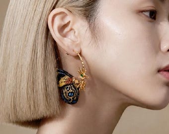 Embroidered Butterfly Hoop Earrings, Gold Insect Statement Jewelry, Boho Vintage Nature Inspired