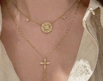 Layered Gold Necklace Set, Sun Medallion Lariat Cross, Minimalist Jewelry