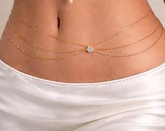 Layered Gold Waist Chain with Crystal Accent, Minimalist Y2K Belly Jewelry