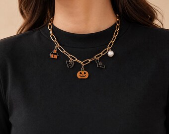 Halloween Jewelry Set, Pumpkin Cat Bat Necklace and Bracelet