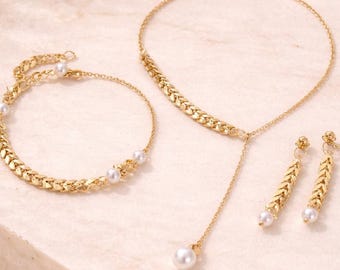 Elegant Pearl Jewelry Set, Gold or Silver Wheat Chain Necklace Bracelet Earrings