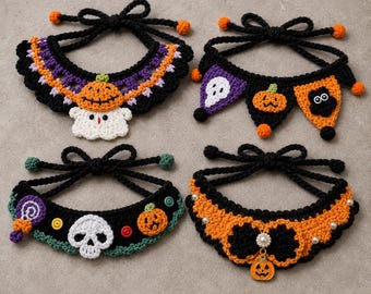 Crochet Halloween Pet Collar, Pumpkin Ghost Skull Cat and Dog Costume Neck Ruffle